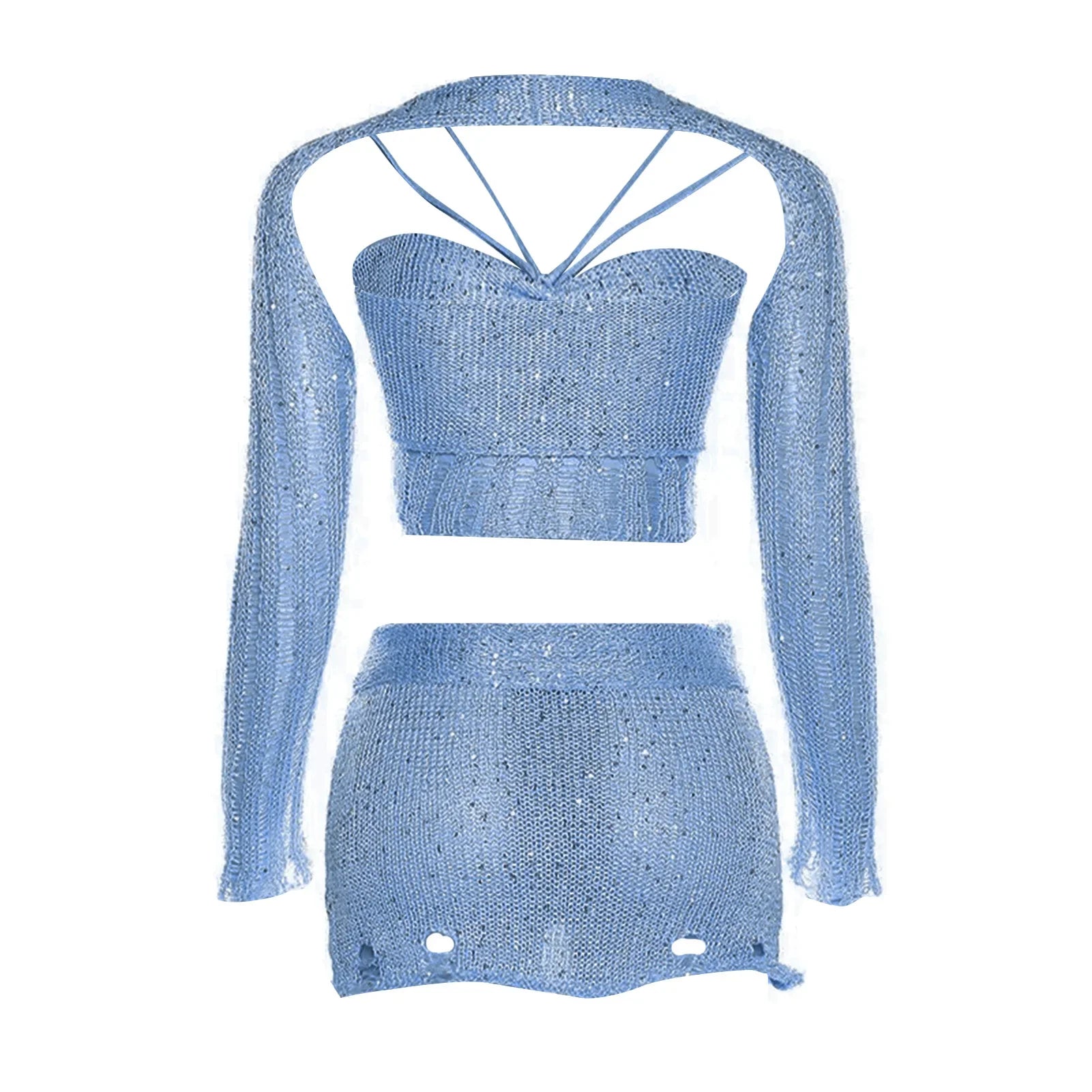 Women Knitted Sequined 3 Piece Skirt Set with Halter Bra Top Cardigan Mini Skirt Hollow Out Navel Exposed Summer Clubwear Dress