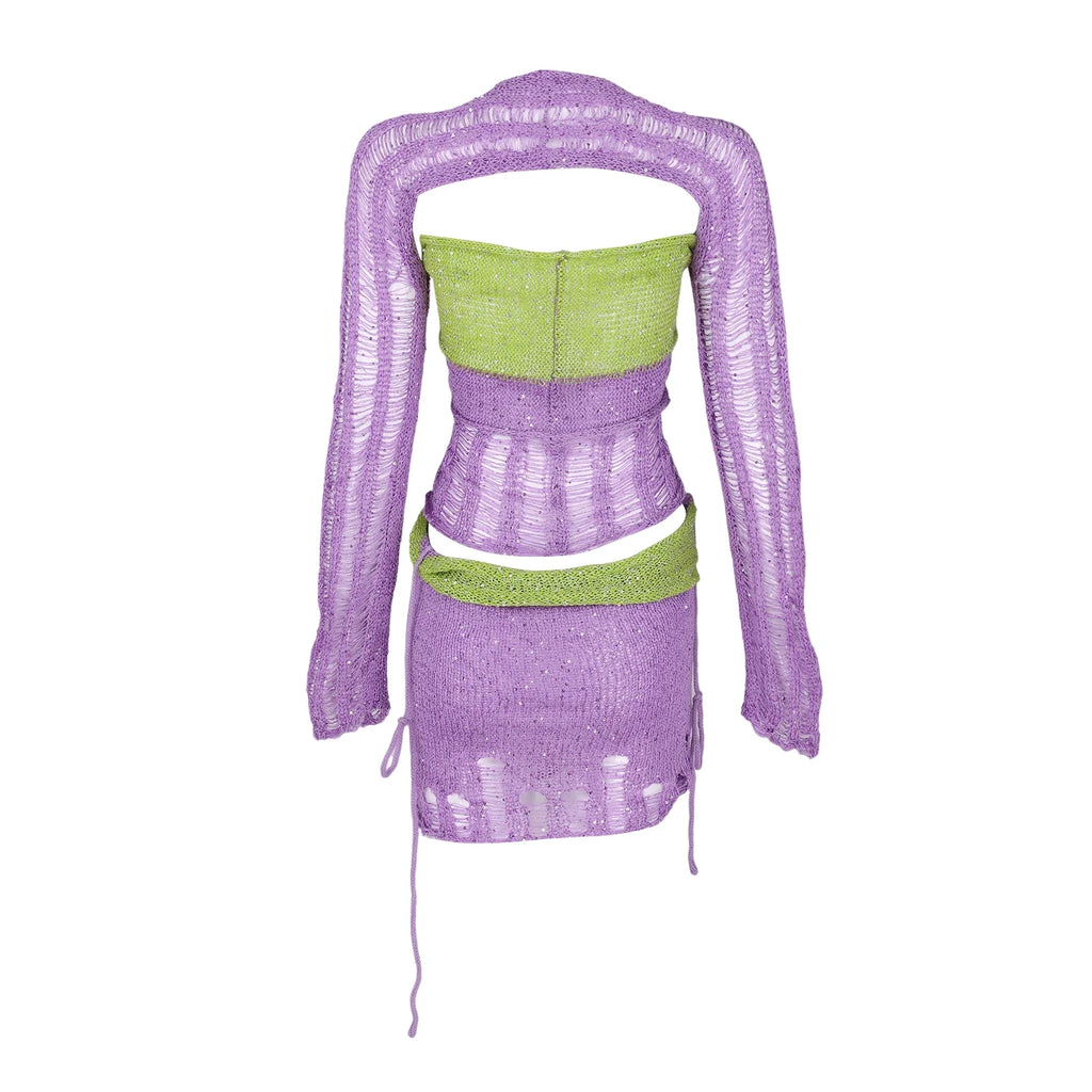 Women Knitted Sequined 3 Piece Skirt Set with Halter Bra Top Cardigan Mini Skirt Hollow Out Navel Exposed Summer Clubwear Dress