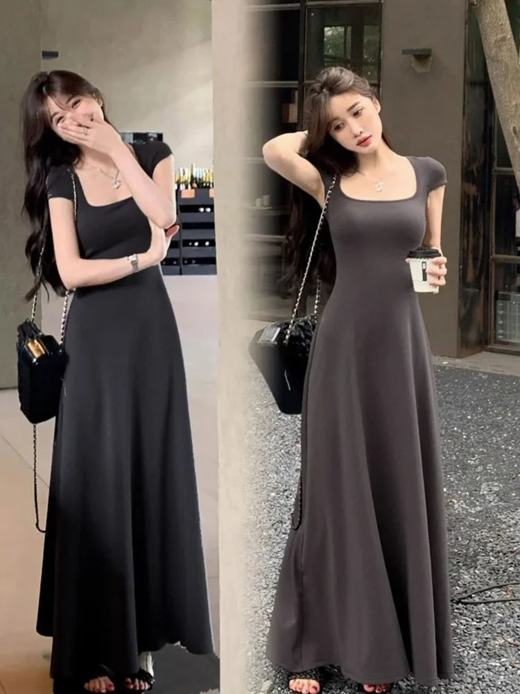 Elegant French Style Grey Waist-Fitted Short Sleeve Tank Dress for Women Long Flowy Sexy Summer Dress