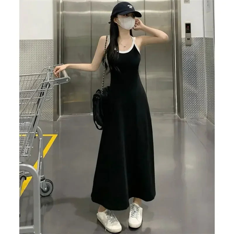 Elegant Black Summer Slip Dress with Off-Shoulder Design and All-Match Sleeveless Style for Women