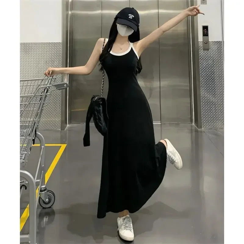 Elegant Black Summer Slip Dress with Off-Shoulder Design and All-Match Sleeveless Style for Women