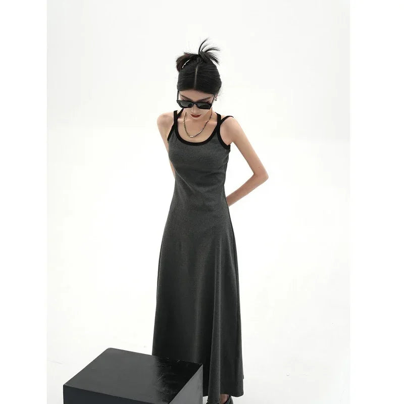 Elegant Black Summer Slip Dress with Off-Shoulder Design and All-Match Sleeveless Style for Women