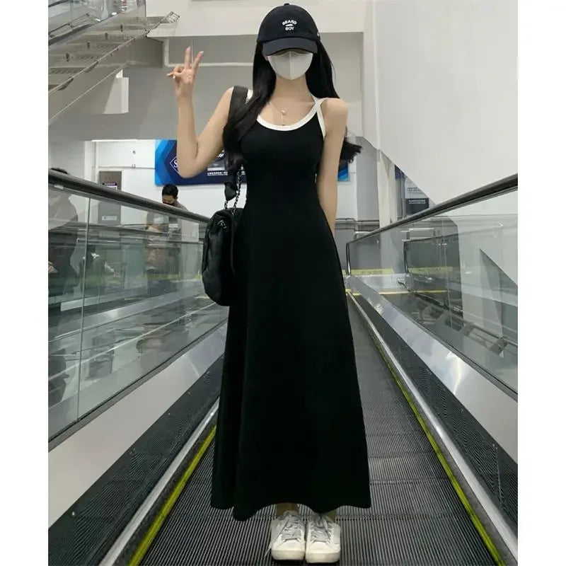 Elegant Black Summer Slip Dress with Off-Shoulder Design and All-Match Sleeveless Style for Women