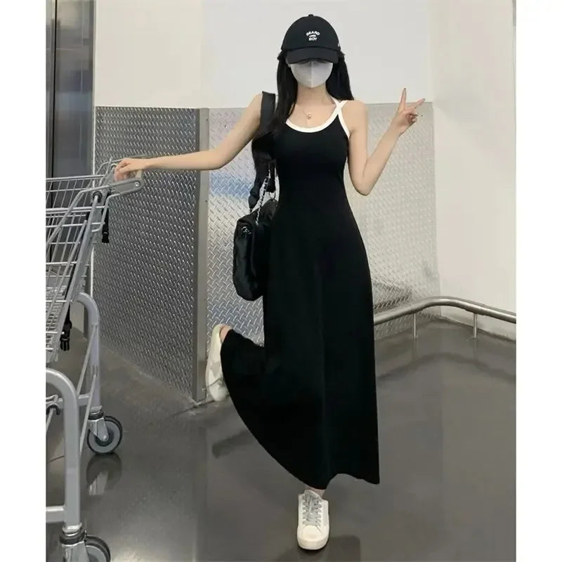 Elegant Black Summer Slip Dress with Off-Shoulder Design and All-Match Sleeveless Style for Women