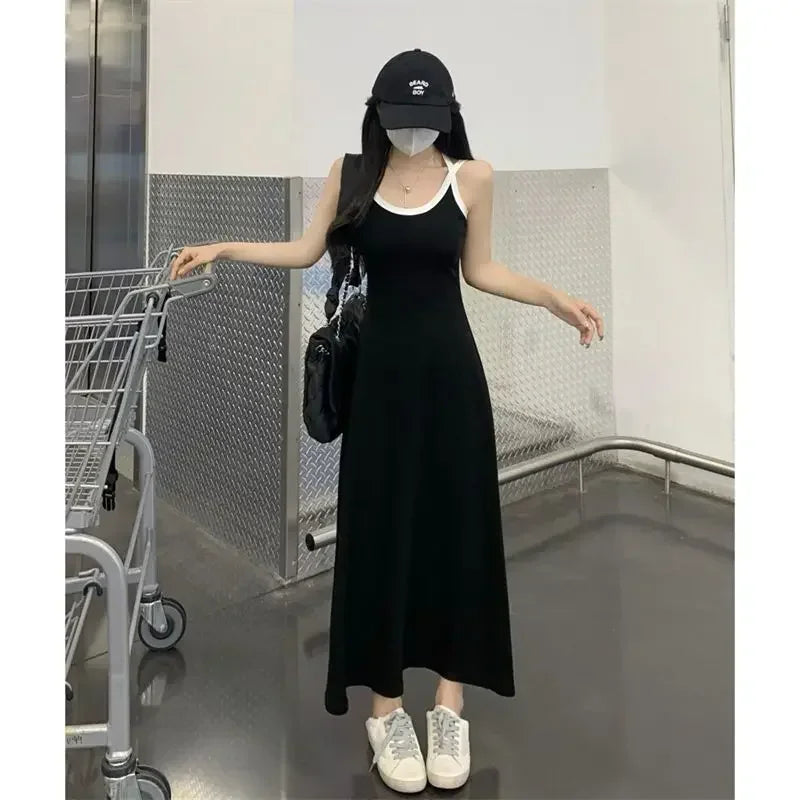 Elegant Black Summer Slip Dress with Off-Shoulder Design and All-Match Sleeveless Style for Women