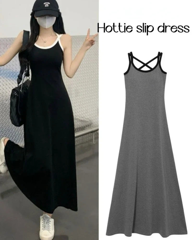 Elegant Black Summer Slip Dress with Off-Shoulder Design and All-Match Sleeveless Style for Women