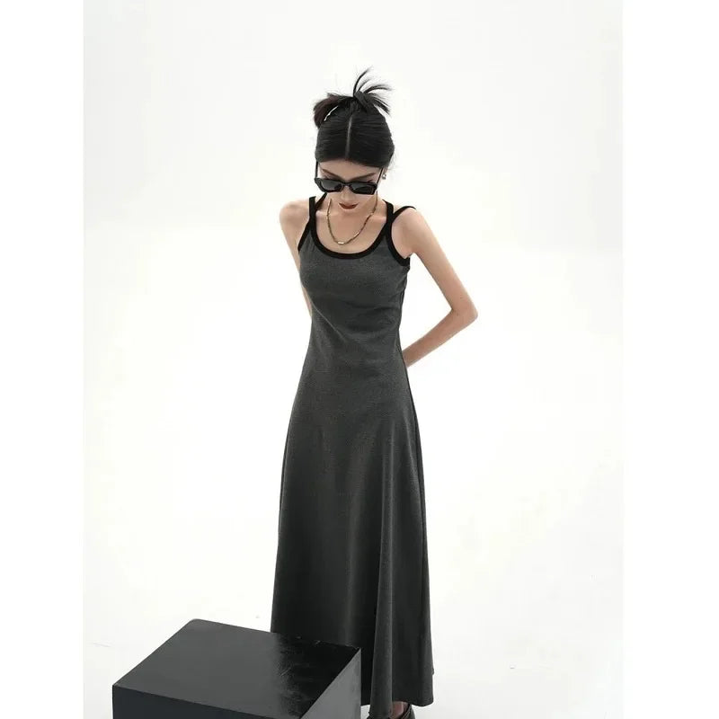 Elegant Black Summer Slip Dress with Off-Shoulder Design and All-Match Sleeveless Style for Women
