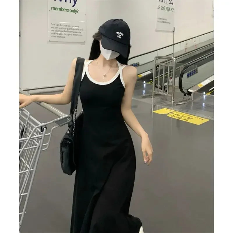 Elegant Black Summer Slip Dress with Off-Shoulder Design and All-Match Sleeveless Style for Women