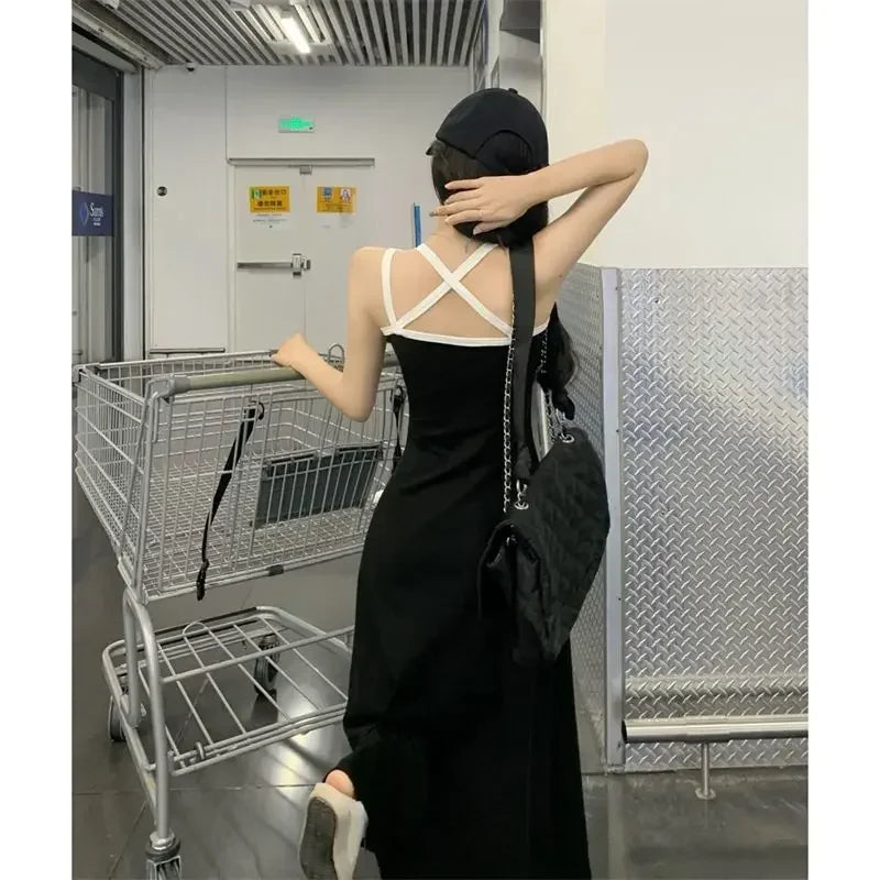Elegant Black Summer Slip Dress with Off-Shoulder Design and All-Match Sleeveless Style for Women