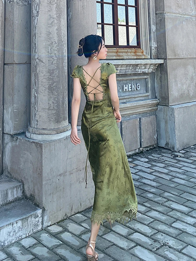 Elegant Turquoise Green Satin Jacquard Long Dress with V-Neck Backless Design for Evening Parties and Formal Events