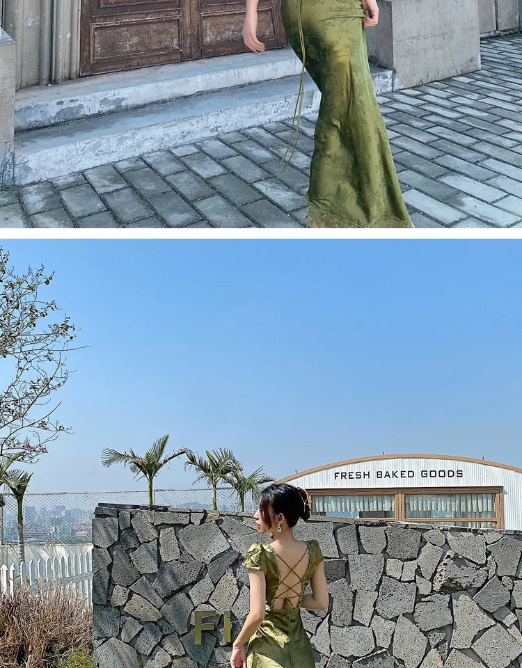 Elegant Turquoise Green Satin Jacquard Long Dress with V-Neck Backless Design for Evening Parties and Formal Events