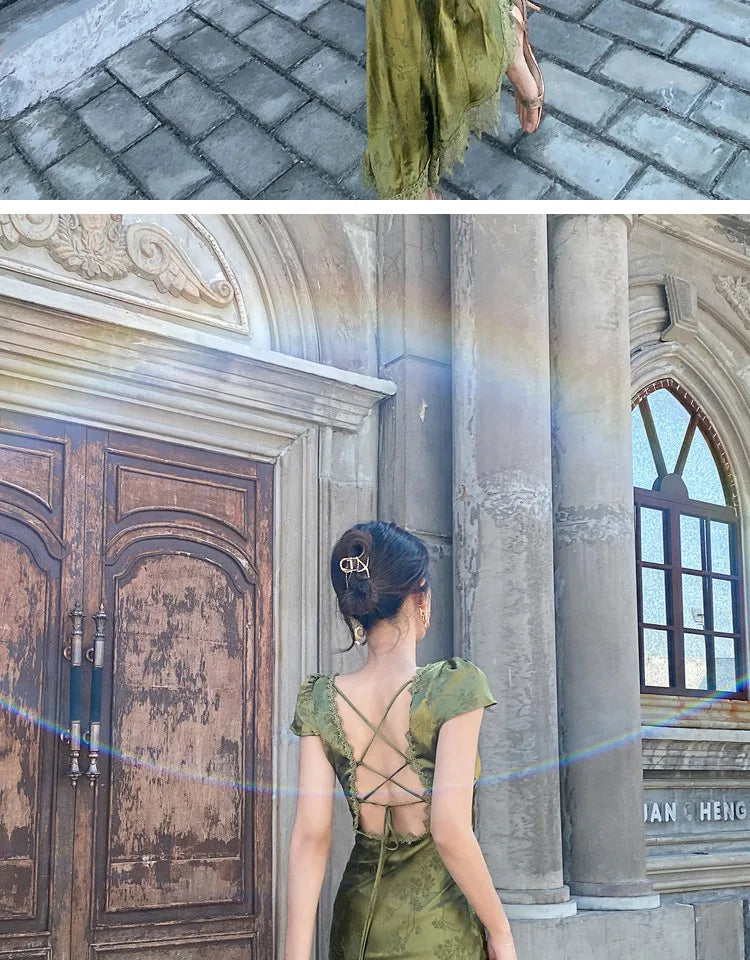 Elegant Turquoise Green Satin Jacquard Long Dress with V-Neck Backless Design for Evening Parties and Formal Events