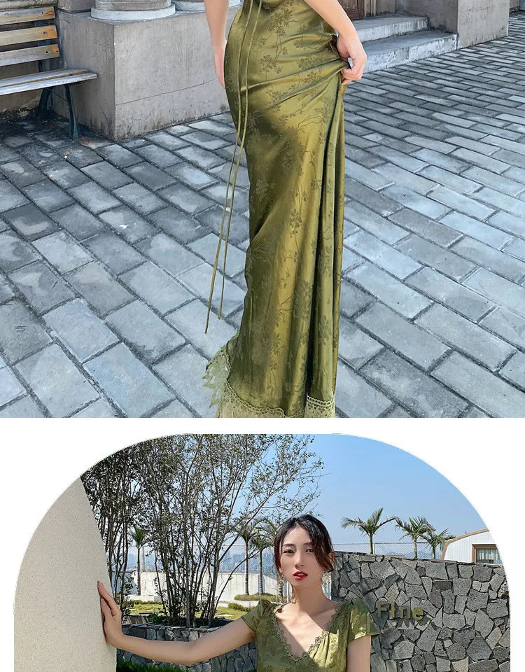 Elegant Turquoise Green Satin Jacquard Long Dress with V-Neck Backless Design for Evening Parties and Formal Events