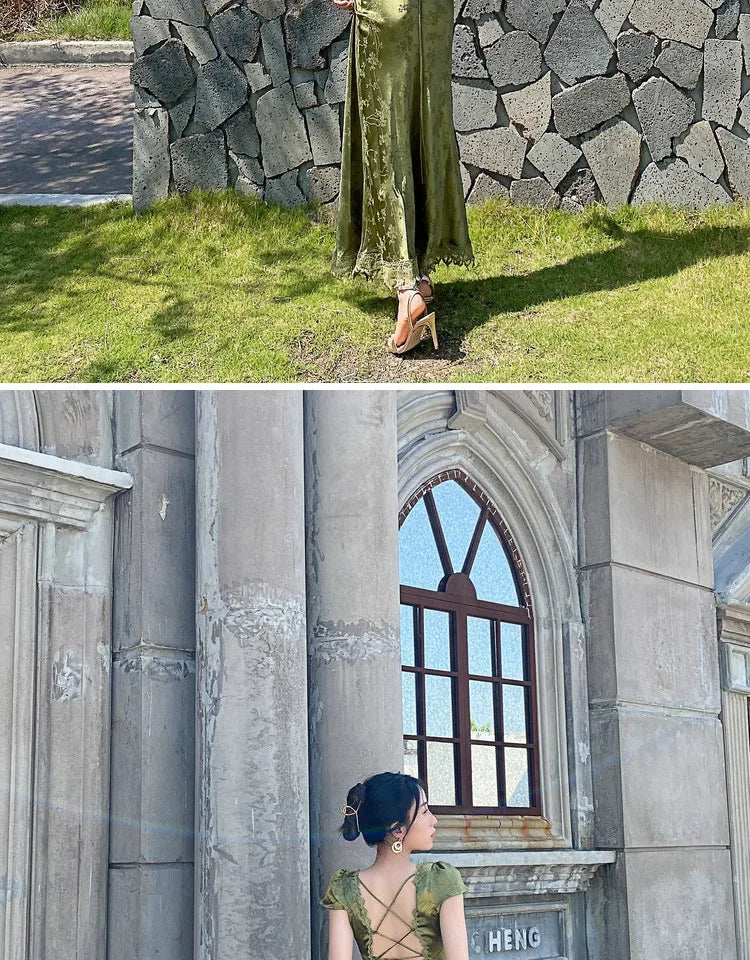 Elegant Turquoise Green Satin Jacquard Long Dress with V-Neck Backless Design for Evening Parties and Formal Events