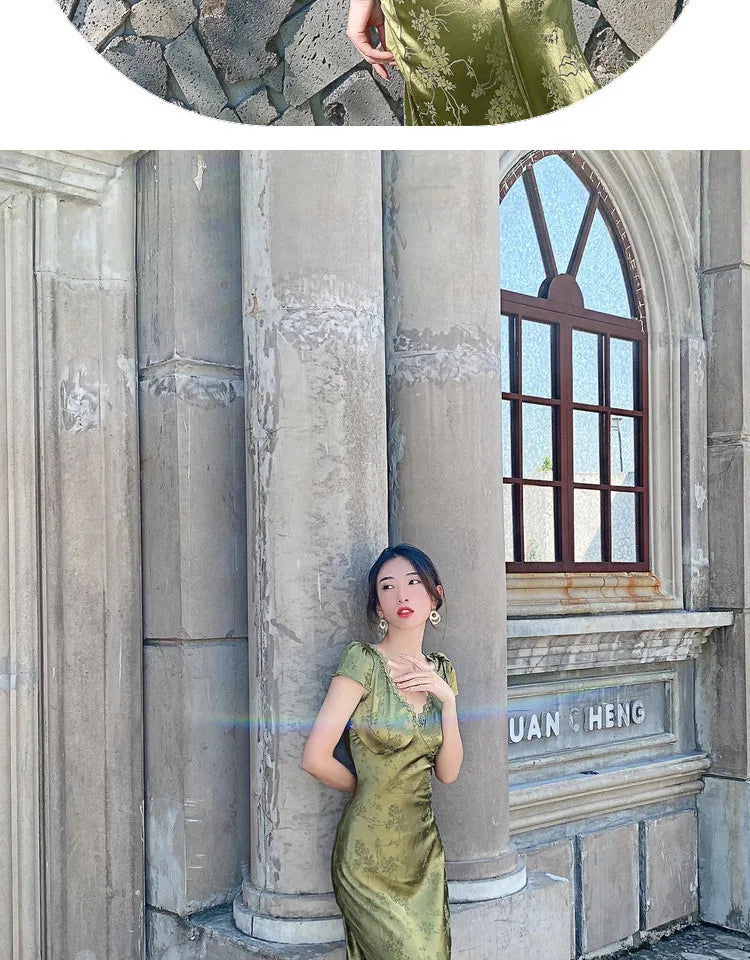 Elegant Turquoise Green Satin Jacquard Long Dress with V-Neck Backless Design for Evening Parties and Formal Events