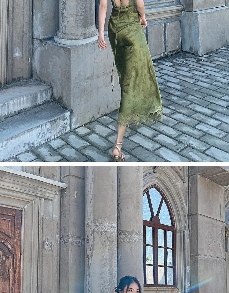 Elegant Turquoise Green Satin Jacquard Long Dress with V-Neck Backless Design for Evening Parties and Formal Events