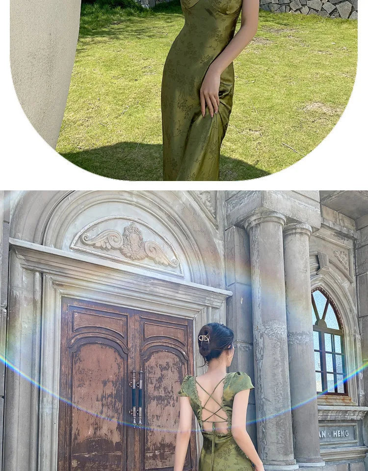 Elegant Turquoise Green Satin Jacquard Long Dress with V-Neck Backless Design for Evening Parties and Formal Events