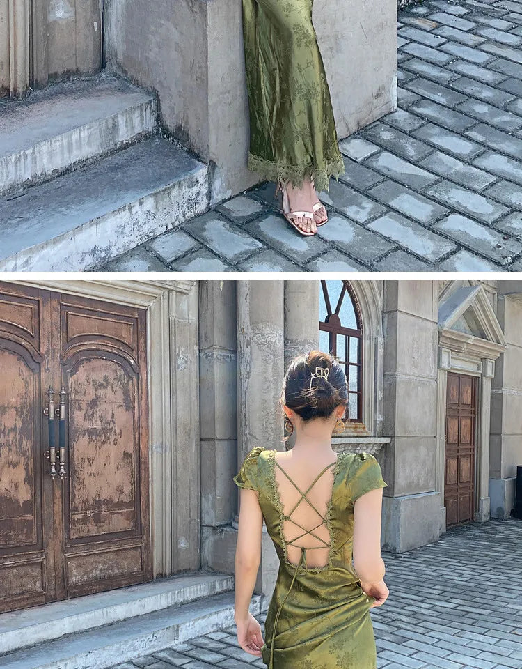 Elegant Turquoise Green Satin Jacquard Long Dress with V-Neck Backless Design for Evening Parties and Formal Events