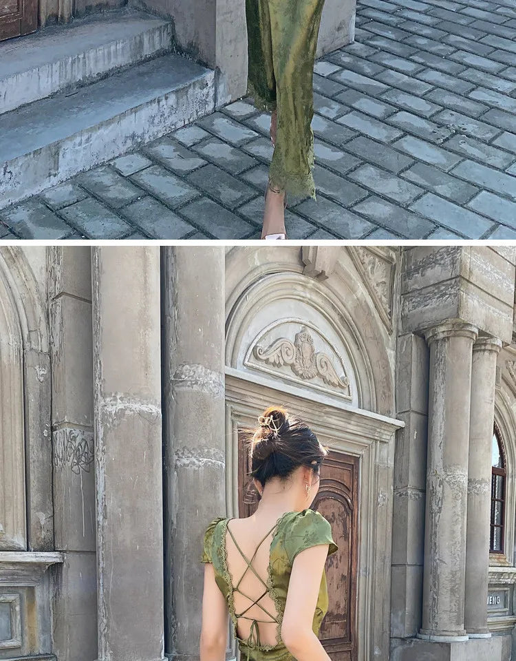 Elegant Turquoise Green Satin Jacquard Long Dress with V-Neck Backless Design for Evening Parties and Formal Events