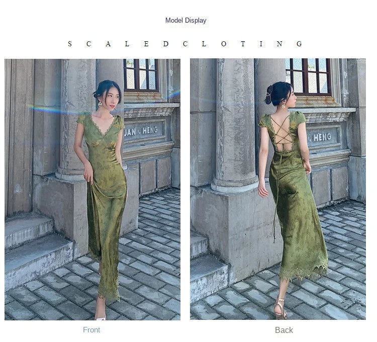 Elegant Turquoise Green Satin Jacquard Long Dress with V-Neck Backless Design for Evening Parties and Formal Events