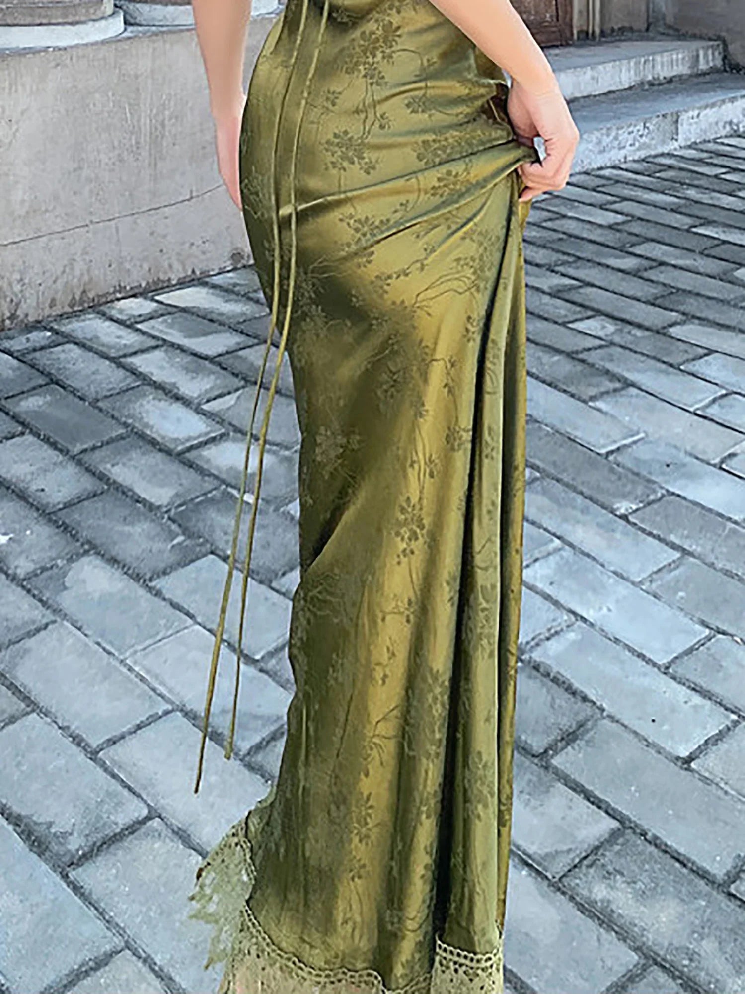 Elegant Turquoise Green Satin Jacquard Long Dress with V-Neck Backless Design for Evening Parties and Formal Events