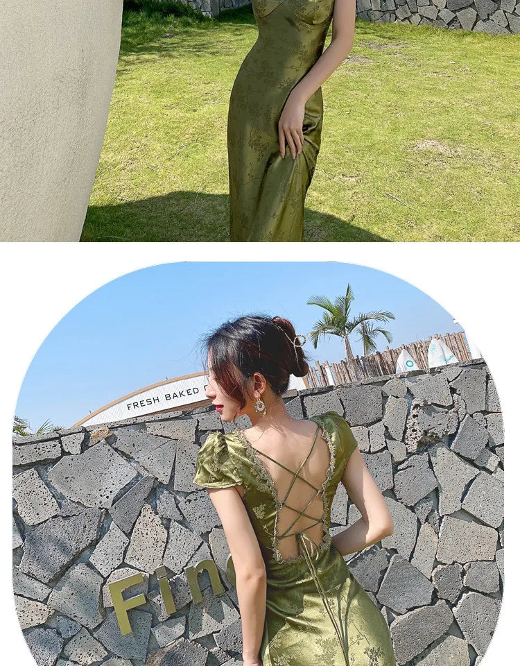 Elegant Turquoise Green Satin Jacquard Long Dress with V-Neck Backless Design for Evening Parties and Formal Events