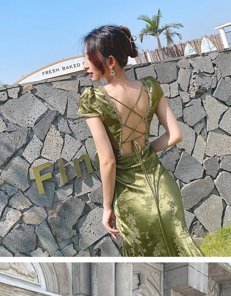 Elegant Turquoise Green Satin Jacquard Long Dress with V-Neck Backless Design for Evening Parties and Formal Events