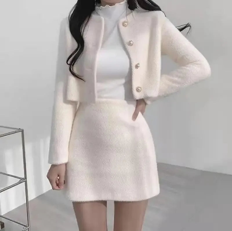 Chic Spring Summer Two-Piece Tweed Suit for Women with Mini Skirt Casual Elegant Korean Fashion Set