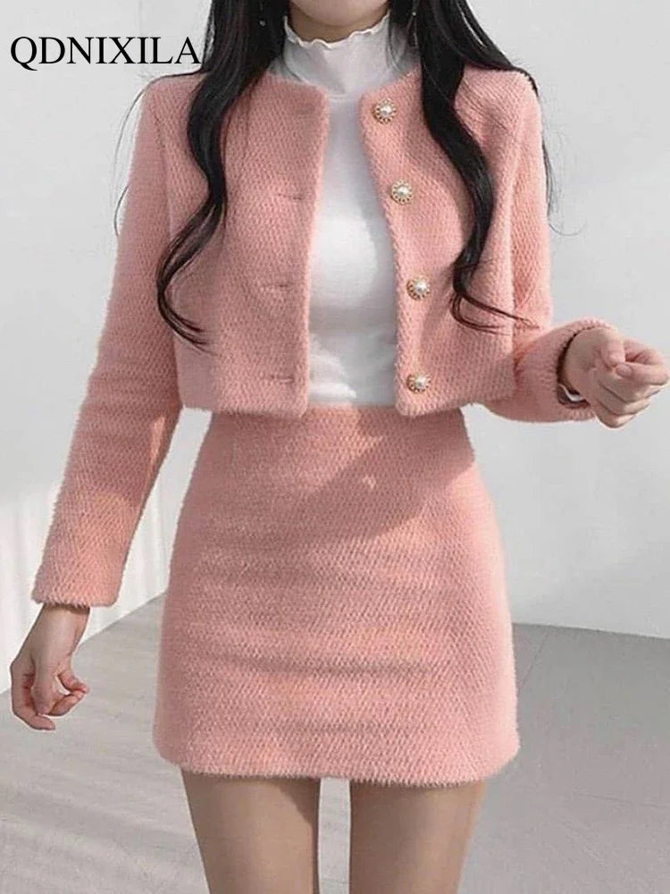 Chic Spring Summer Two-Piece Tweed Suit for Women with Mini Skirt Casual Elegant Korean Fashion Set