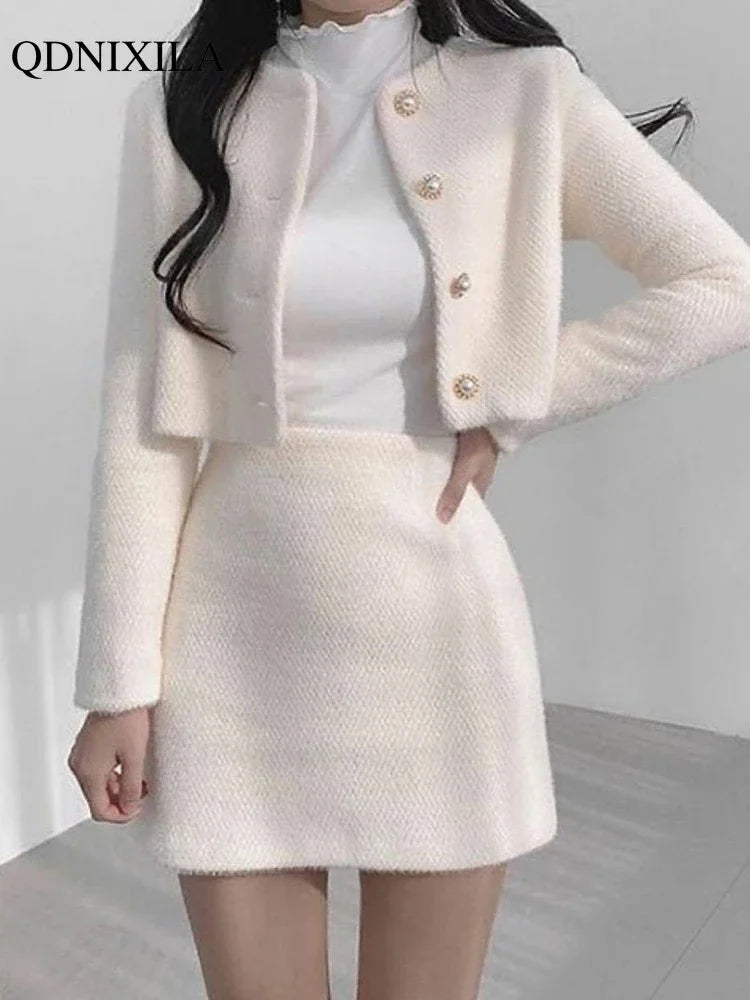 Chic Spring Summer Two-Piece Tweed Suit for Women with Mini Skirt Casual Elegant Korean Fashion Set