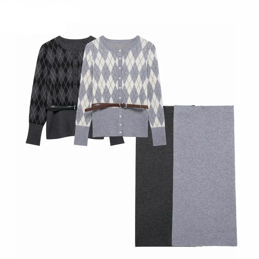 Women's College Style Diamond Check Belted Waist Sweater and Flat Midi Skirt Two-Piece Set