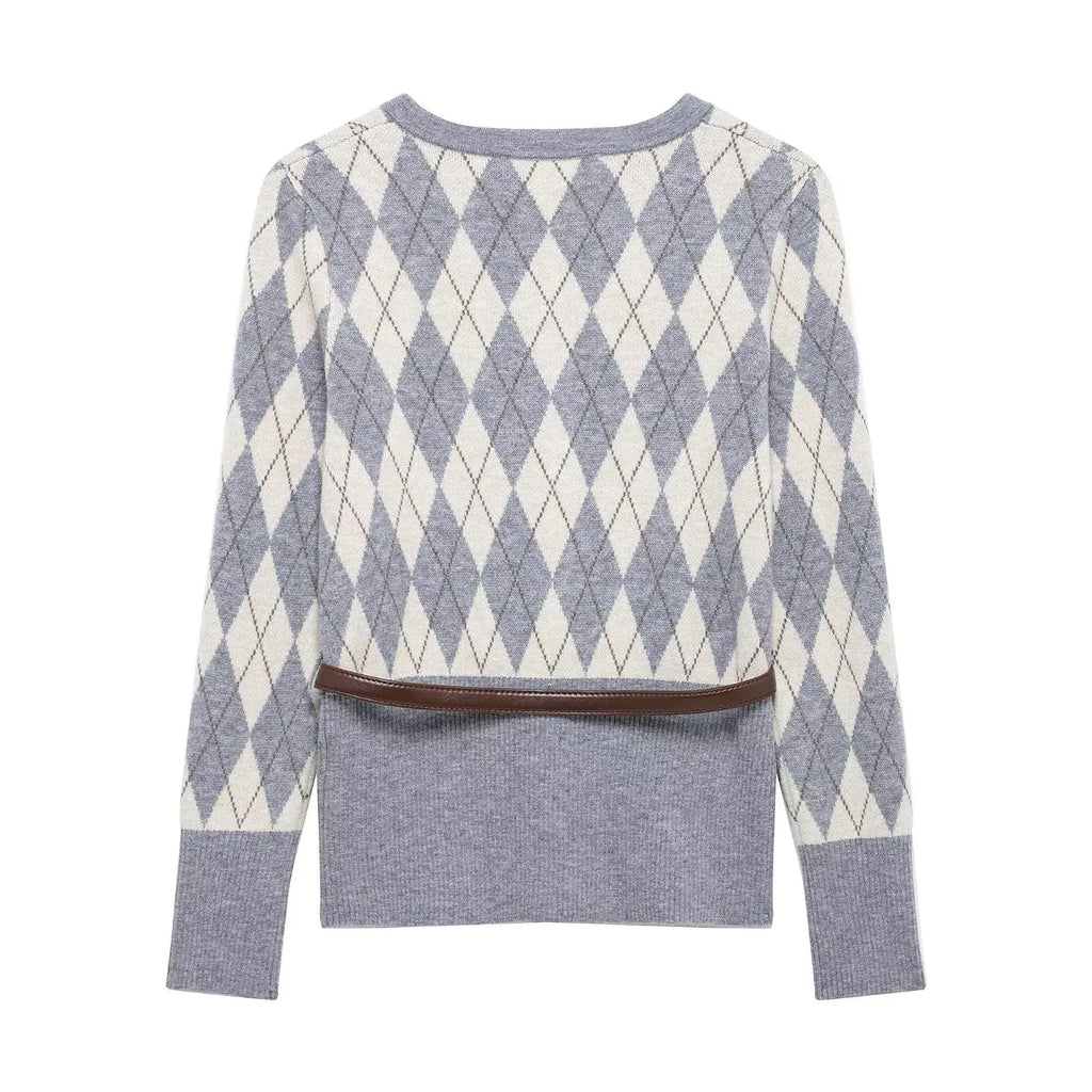 Women's College Style Diamond Check Belted Waist Sweater and Flat Midi Skirt Two-Piece Set