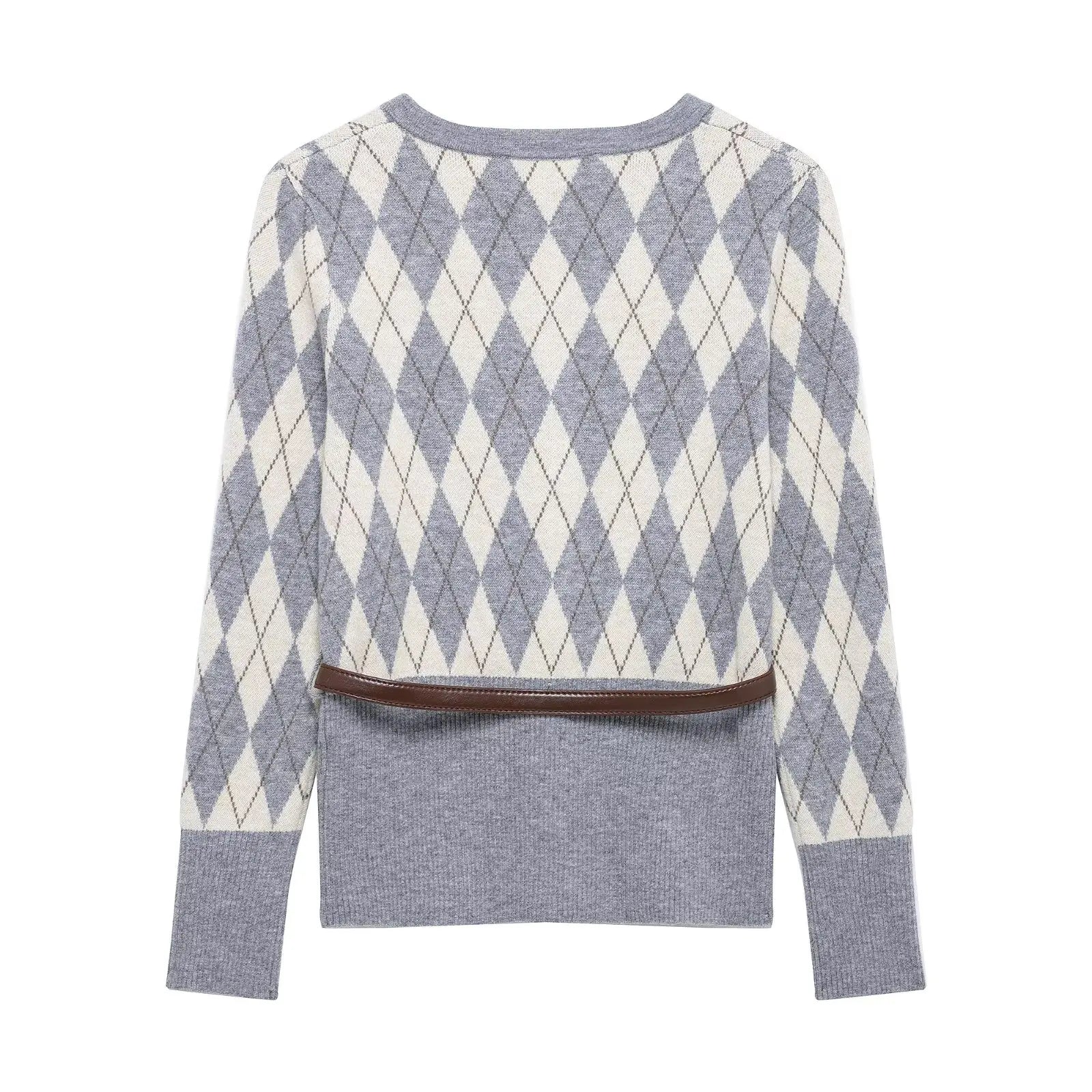 Women's College Style Diamond Check Belted Waist Sweater and Flat Midi Skirt Two-Piece Set