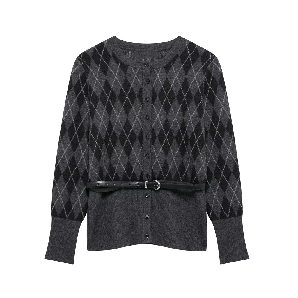 Women's College Style Diamond Check Belted Waist Sweater and Flat Midi Skirt Two-Piece Set