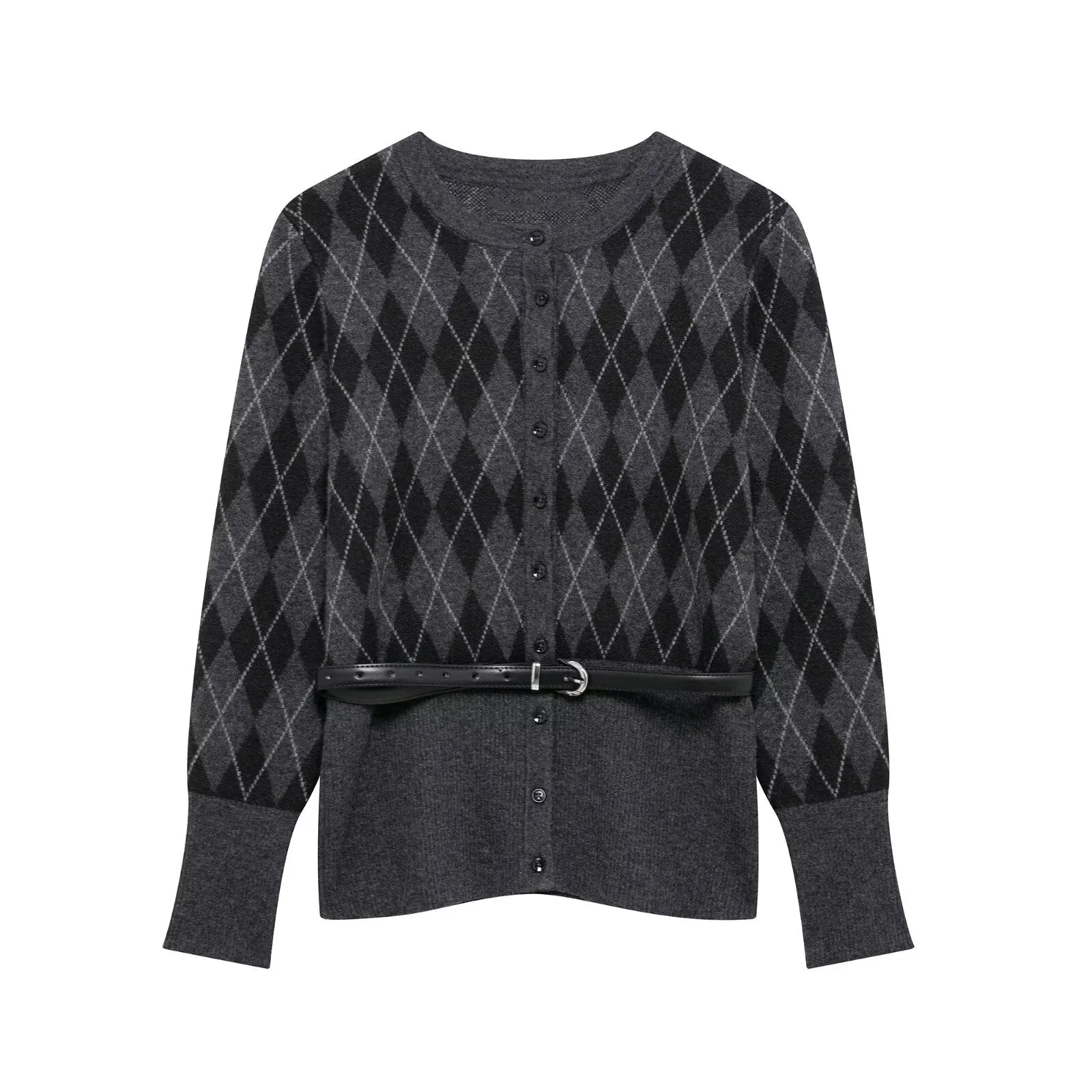 Women's College Style Diamond Check Belted Waist Sweater and Flat Midi Skirt Two-Piece Set