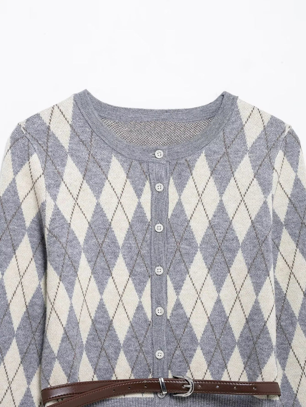 Women's College Style Diamond Check Belted Waist Sweater and Flat Midi Skirt Two-Piece Set