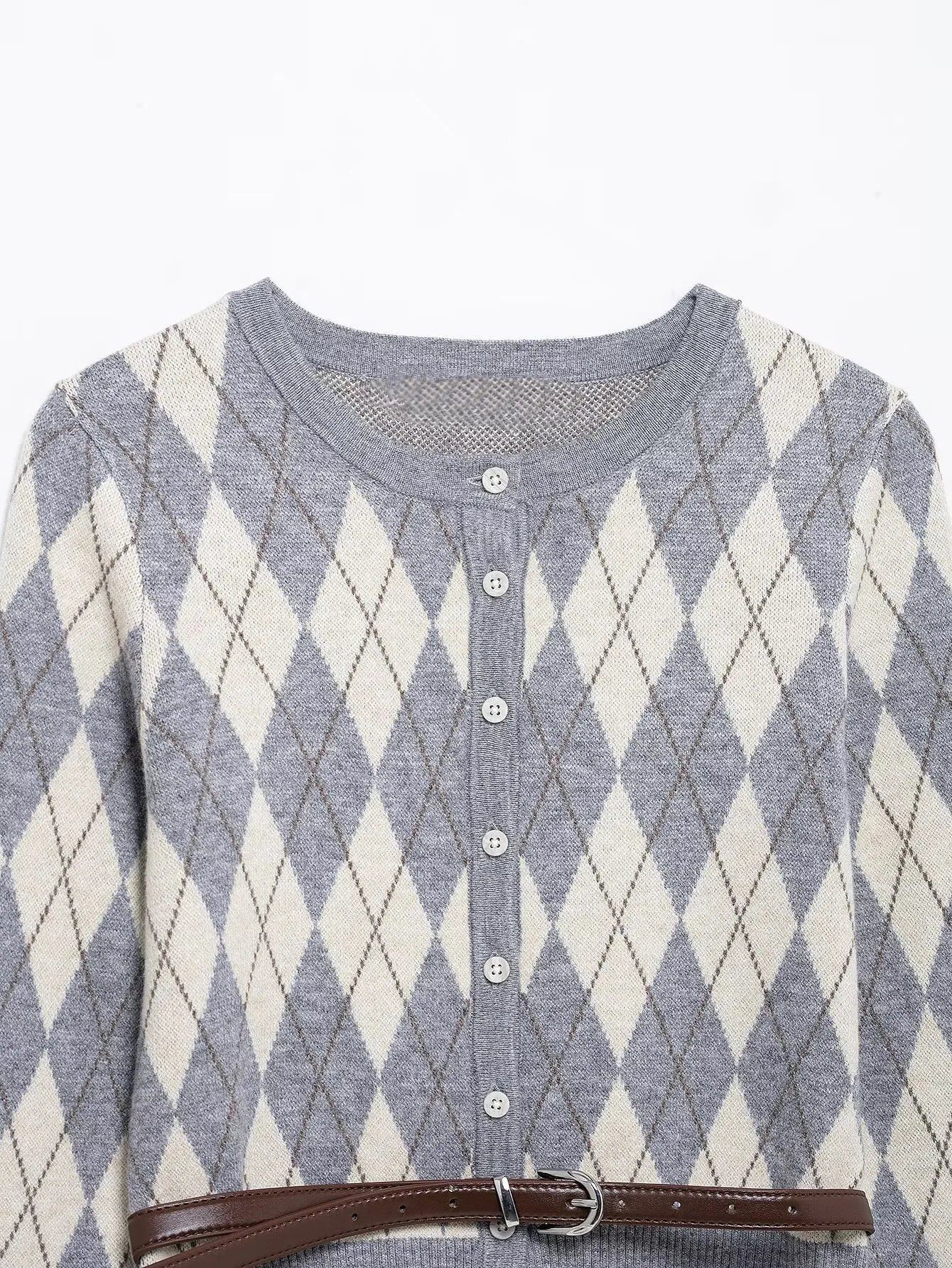 Women's College Style Diamond Check Belted Waist Sweater and Flat Midi Skirt Two-Piece Set