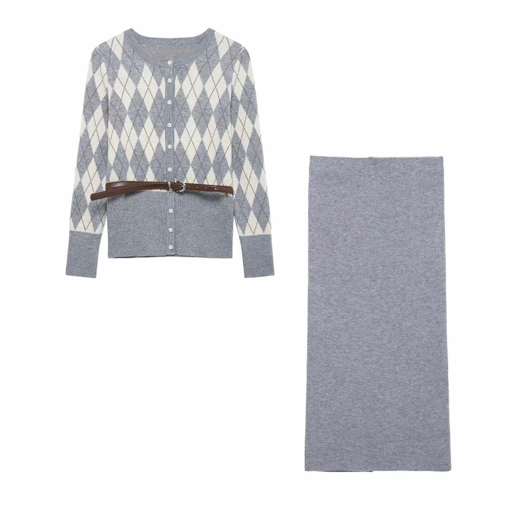 Women's College Style Diamond Check Belted Waist Sweater and Flat Midi Skirt Two-Piece Set