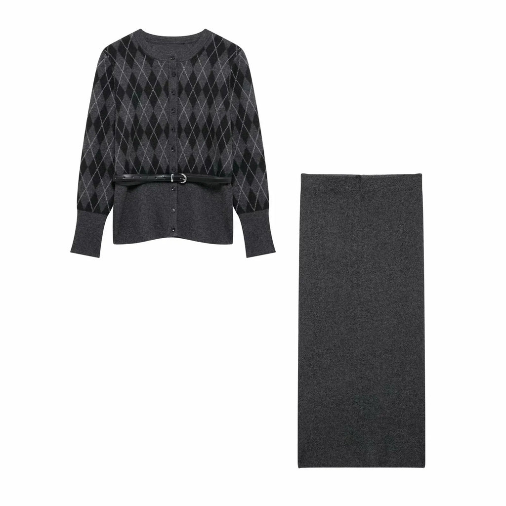 Women's College Style Diamond Check Belted Waist Sweater and Flat Midi Skirt Two-Piece Set