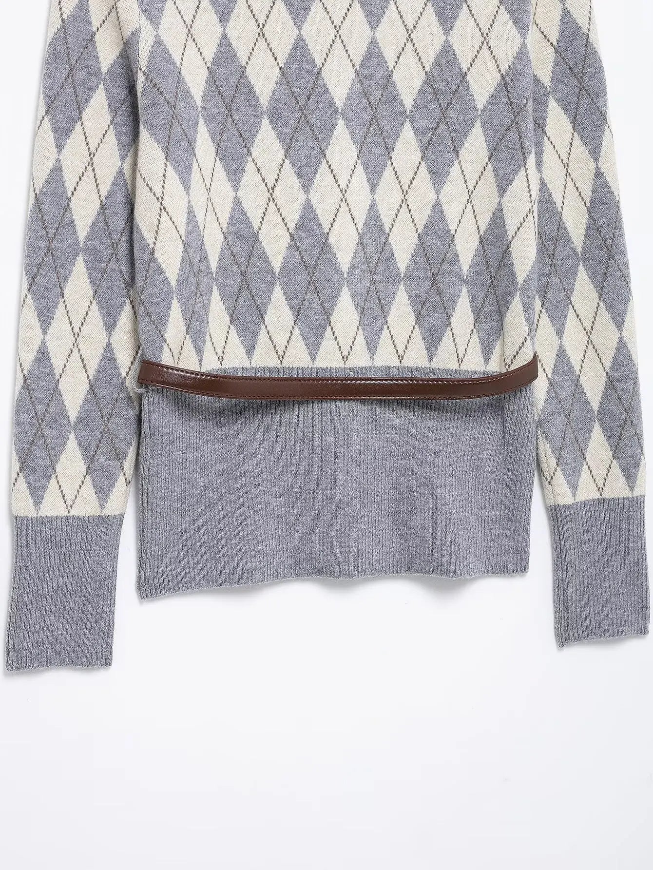 Women's College Style Diamond Check Belted Waist Sweater and Flat Midi Skirt Two-Piece Set