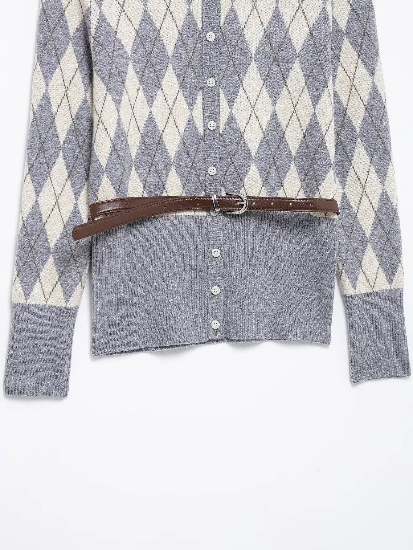 Women's College Style Diamond Check Belted Waist Sweater and Flat Midi Skirt Two-Piece Set