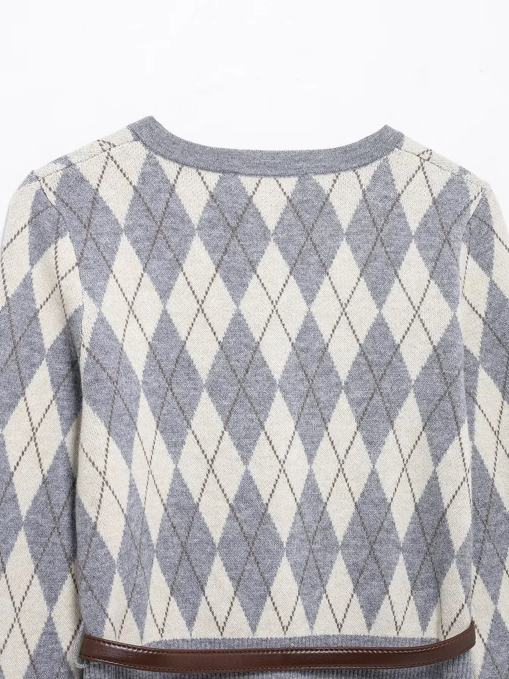 Women's College Style Diamond Check Belted Waist Sweater and Flat Midi Skirt Two-Piece Set