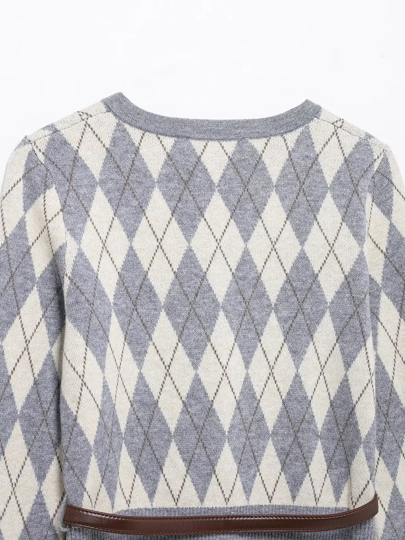 Women's College Style Diamond Check Belted Waist Sweater and Flat Midi Skirt Two-Piece Set