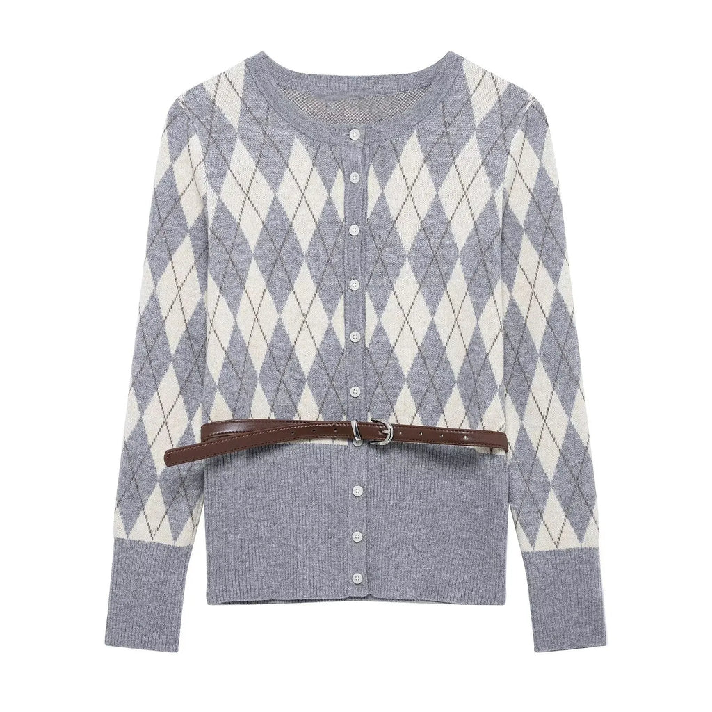 Women's College Style Diamond Check Belted Waist Sweater and Flat Midi Skirt Two-Piece Set