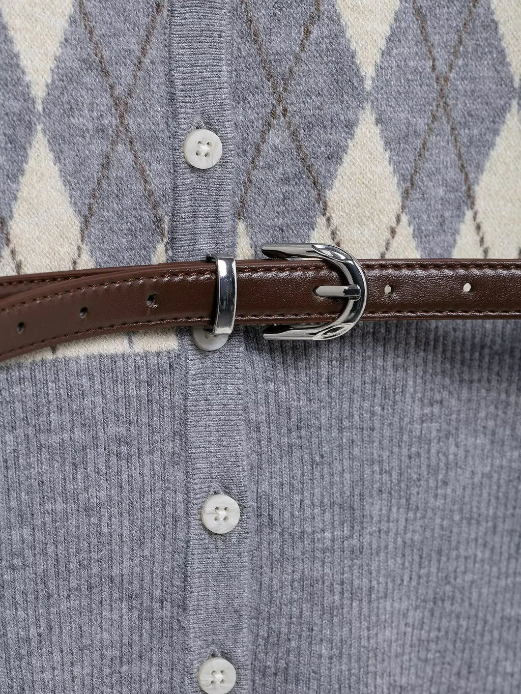 Women's College Style Diamond Check Belted Waist Sweater and Flat Midi Skirt Two-Piece Set