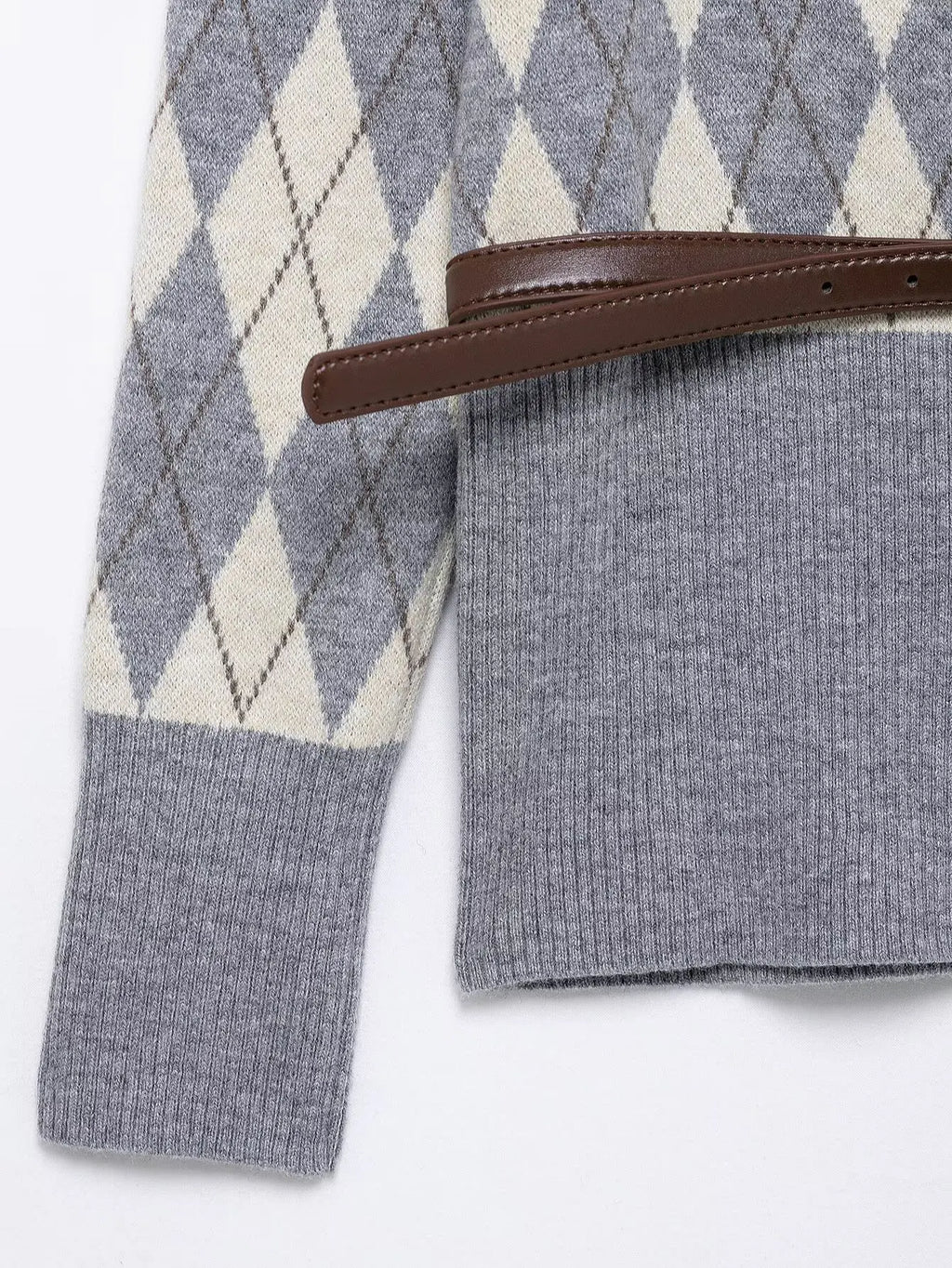 Women's College Style Diamond Check Belted Waist Sweater and Flat Midi Skirt Two-Piece Set