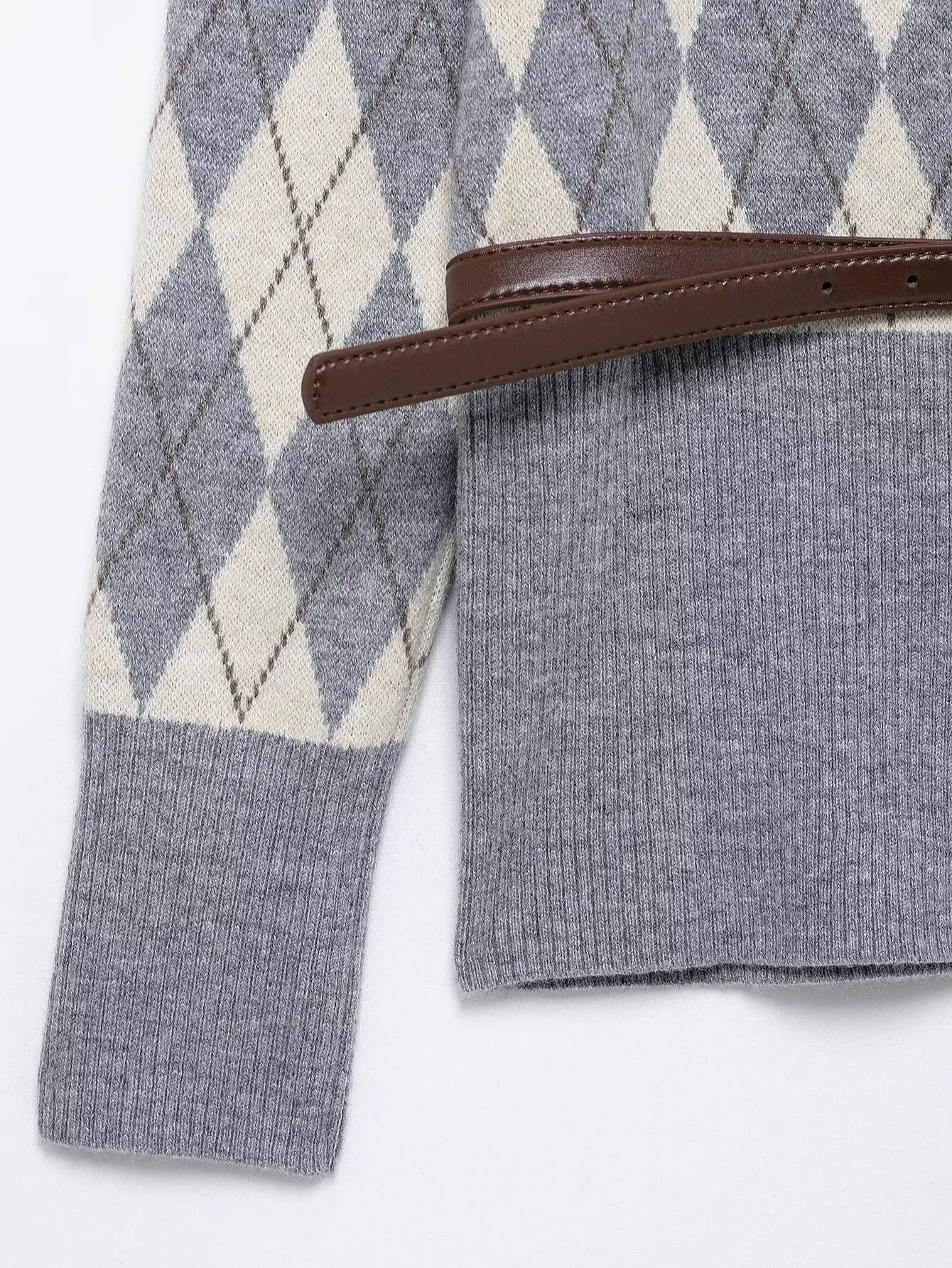 Women's College Style Diamond Check Belted Waist Sweater and Flat Midi Skirt Two-Piece Set