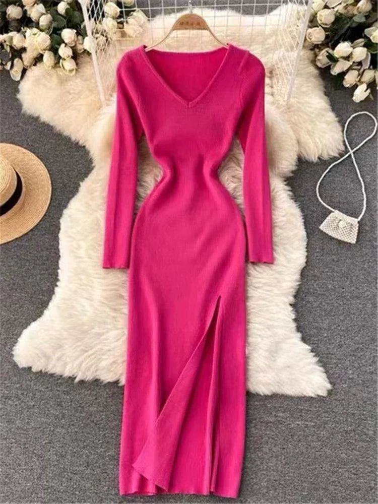 Elegant Autumn Winter French Style Slim Fit Sweater Dress with Sexy Slit and V-Neck for Women