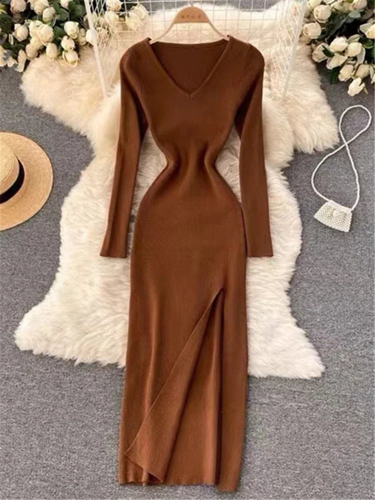 Elegant Autumn Winter French Style Slim Fit Sweater Dress with Sexy Slit and V-Neck for Women