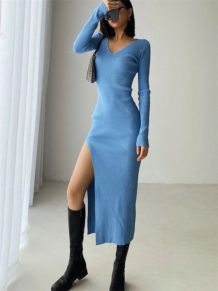 Elegant Autumn Winter French Style Slim Fit Sweater Dress with Sexy Slit and V-Neck for Women
